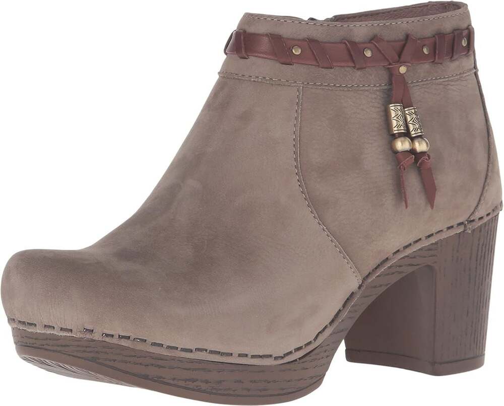 Dansko Dabney Taupe Nubuck Leather Ankle Boots with Braided Strap Detail sz 36